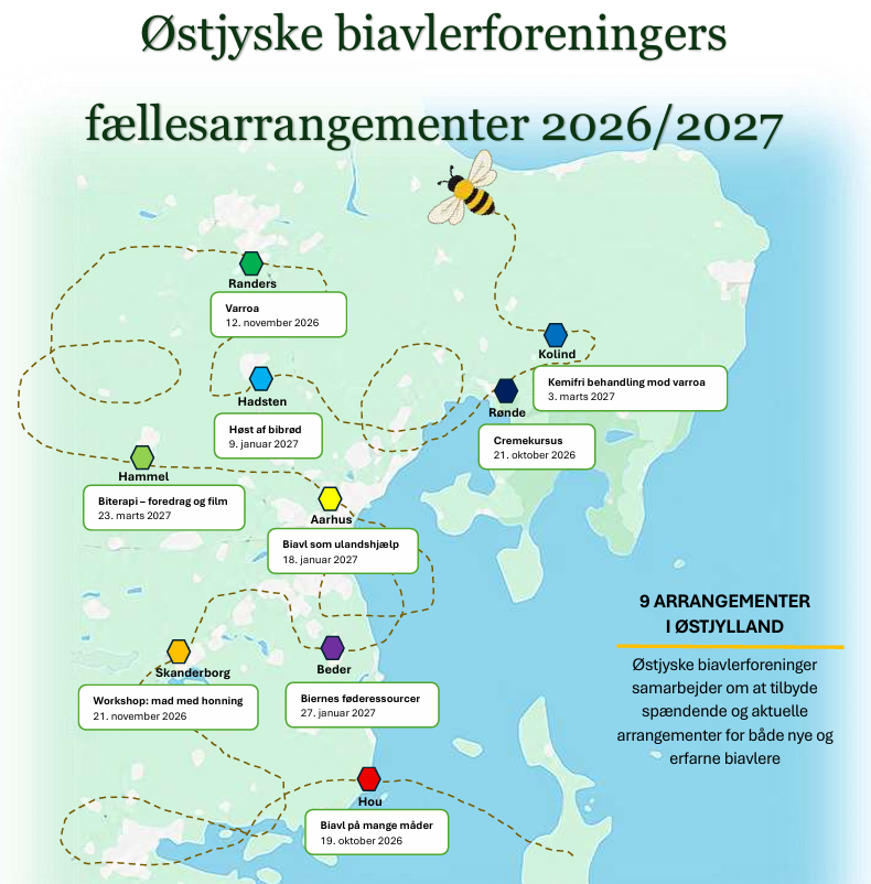 Østjyske biavlerforeningers fællesarrangmenter 2026 2027 kort