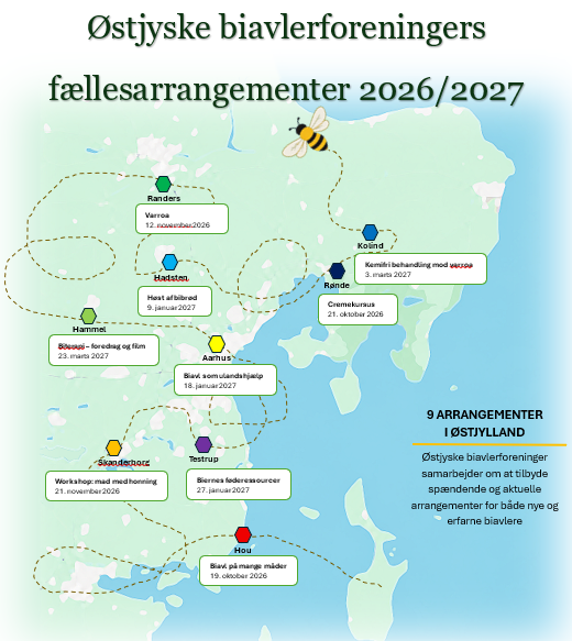 Østjyske biavlerforeningers fællesarrangmenter 2026 2027 kort